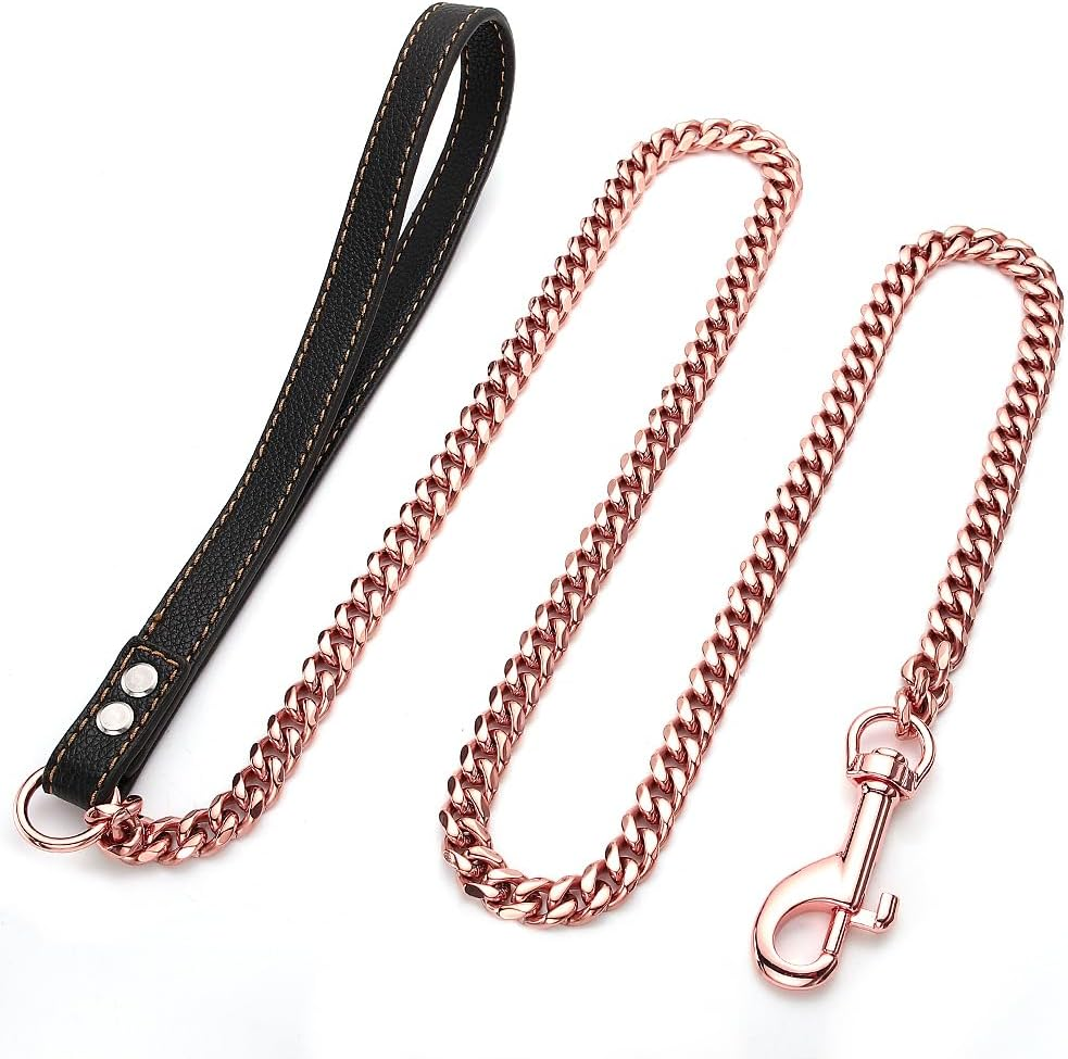 RUMYPET Rose Gold Dog Leash 11Mm/15Mm Metal Cuban Link Dog Chain Leash Chew Proof Comfortale Leather Handle for Walking Trainning 3Ft/4Ft/5Ft(11Mm,4Ft) image number 5