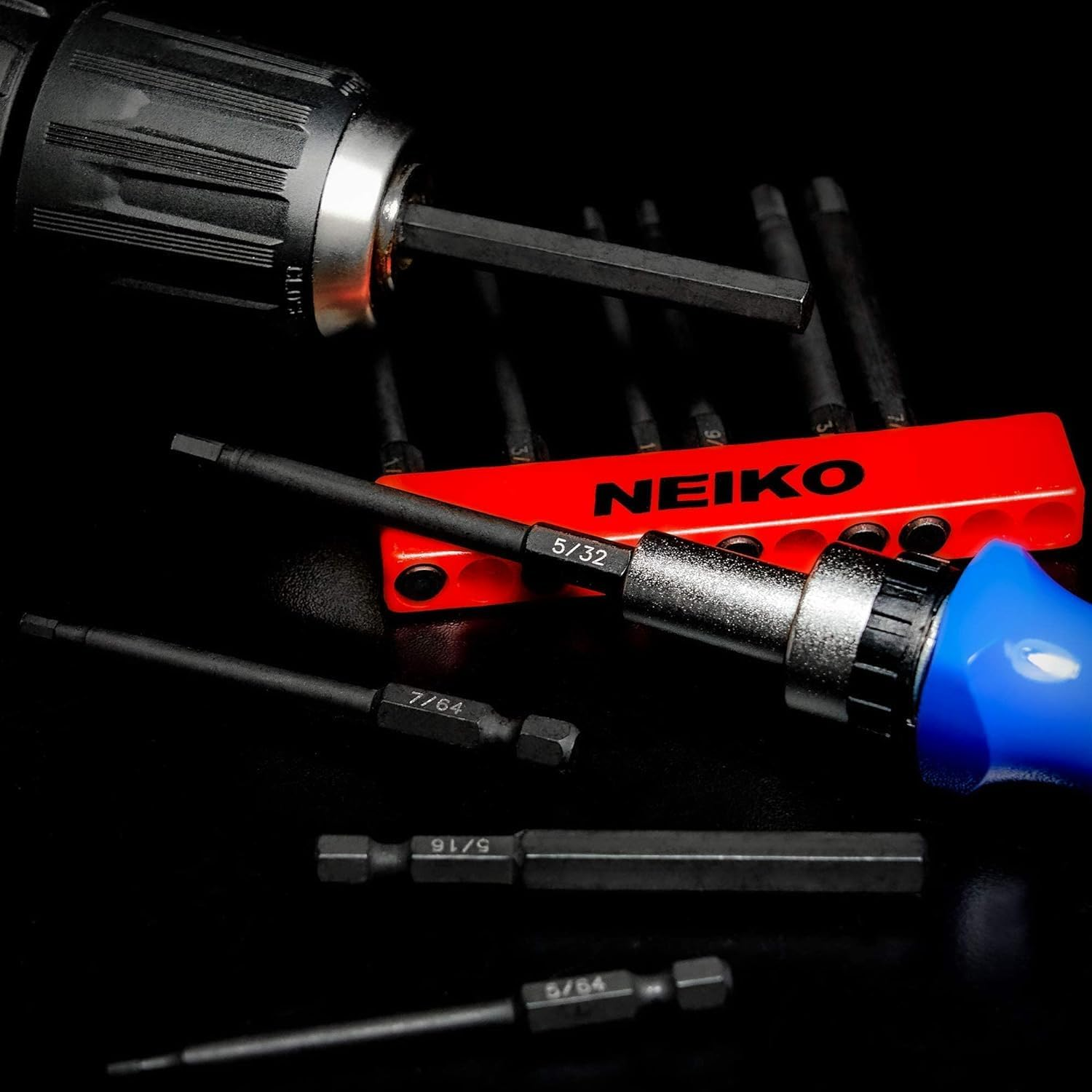 NEIKO 01147A Hex Allen Power Bit Set, 11-Piece SAE Sizes 1/16 to 5/16 | Magnetic Hex Head Bits | 3 Quick Release Shanks | Premium S2 Steel | Compatible with Power Drills and Impact Drivers image number 3