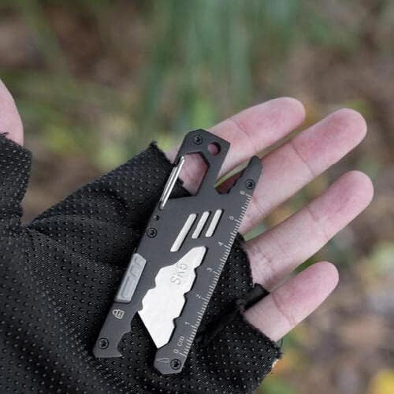 EDC Keychain EDC Keyring Multi-Tool Keychain, Box Cutter, Bottle Opener,Outdoor Camping Travel, Stainless Steel SK5 Replaceable Blade Geometric Small EDC Pocket Utility Knife (Black)