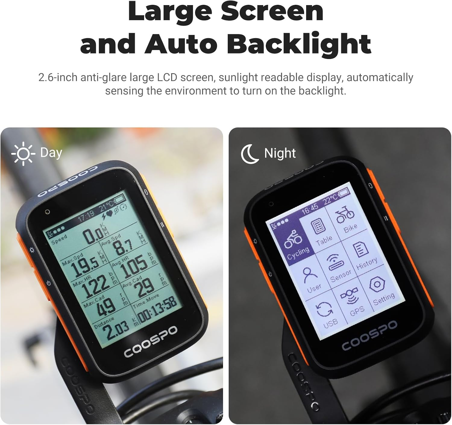 Coospo Bike Computer Wireless Gps,Bike Speedometer with Auto Backlight,Bluetooth ANT Cycling GPS Computer,Bicycle Computer BC200 with Waterproof,Compatible with Coosporide App Hr/Cad/Spd/Power Sensor image number 2