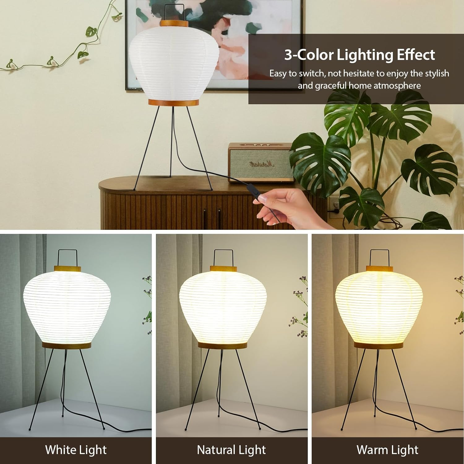 Noguchi Paper Floor Lamp, Akari Rice Paper Floor Lamp for Wabi Sabi Decor, Ideal for Bedside, Living Room, and Japandi D&eacute;cor (Wooden) image number 5