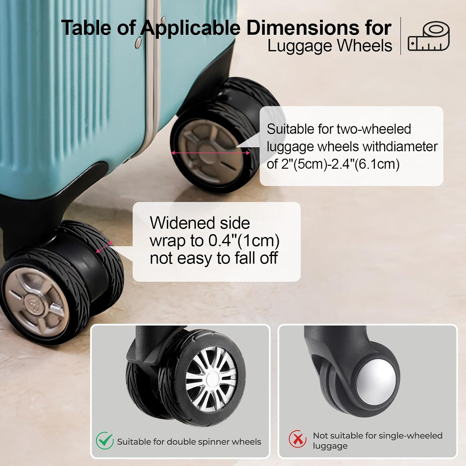 8 Pcs Upgrade Luggage Wheel Covers for Carry-On Suitcases-H HOME-MART Wear-Resistant Trolley Caster Case, Anti-Noise Suitcase Wheel Protectors for 2-2.4" Spinner Wheels (Blue) - Blue image number 6