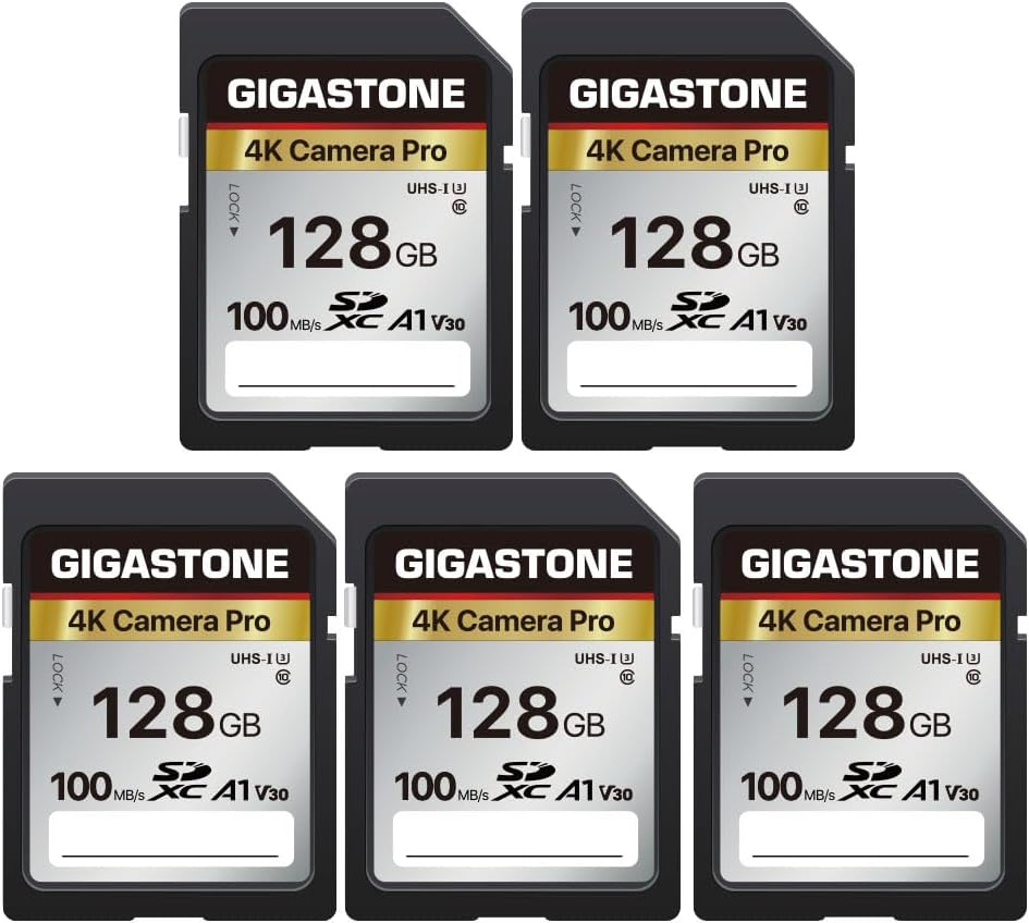 Gigastone 128GB 5-Pack SD Card V30 SDXC Memory Card High Speed 4K Ultra HD UHD Video Compatible with Canon Nikon Sony Pentax Kodak Olympus Panasonic Digital Camera, with 5 Mini Cases