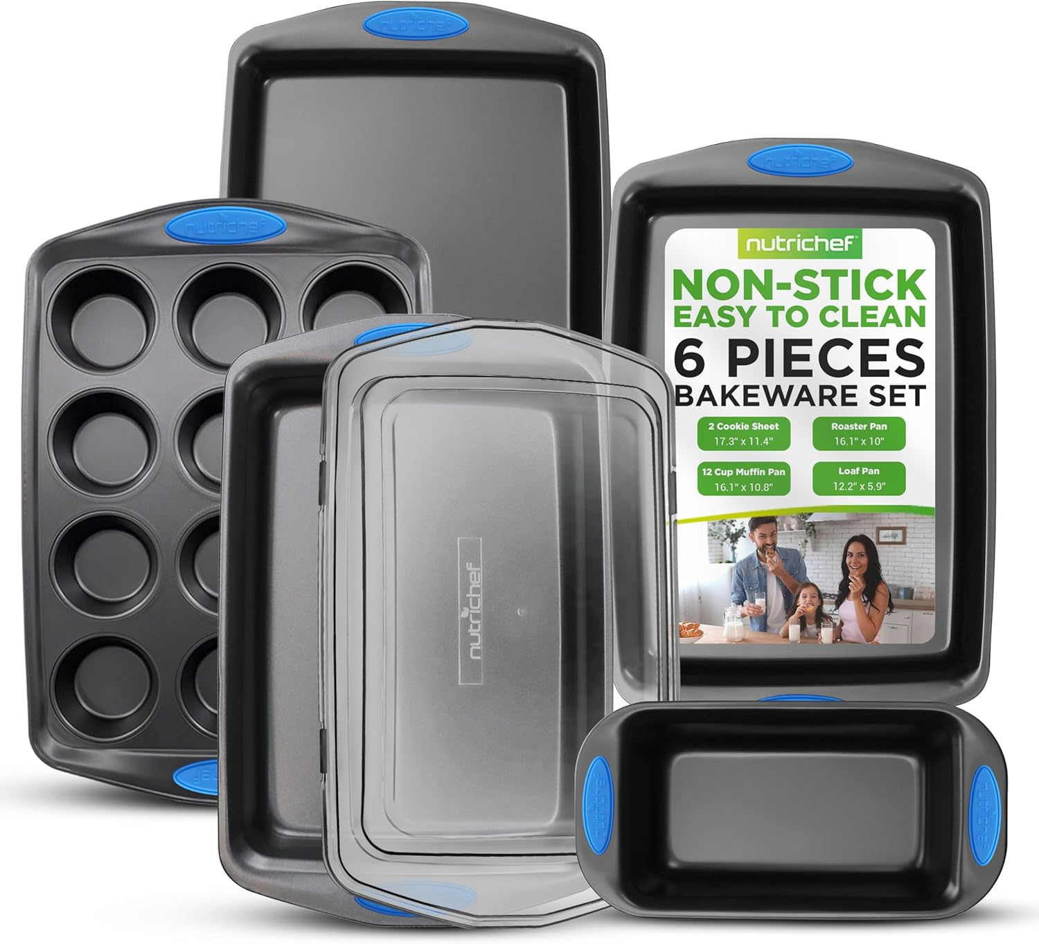 Nutrichef 6-Piece Baking Pan Set - PFOA, PFOS, PTFE Free Flexible Nonstick Gray Coating Carbon Steel Bakeware - Professional Home Kitchen Bake Cookie Sheet Stackable Tray W/Blue Silicone Handles