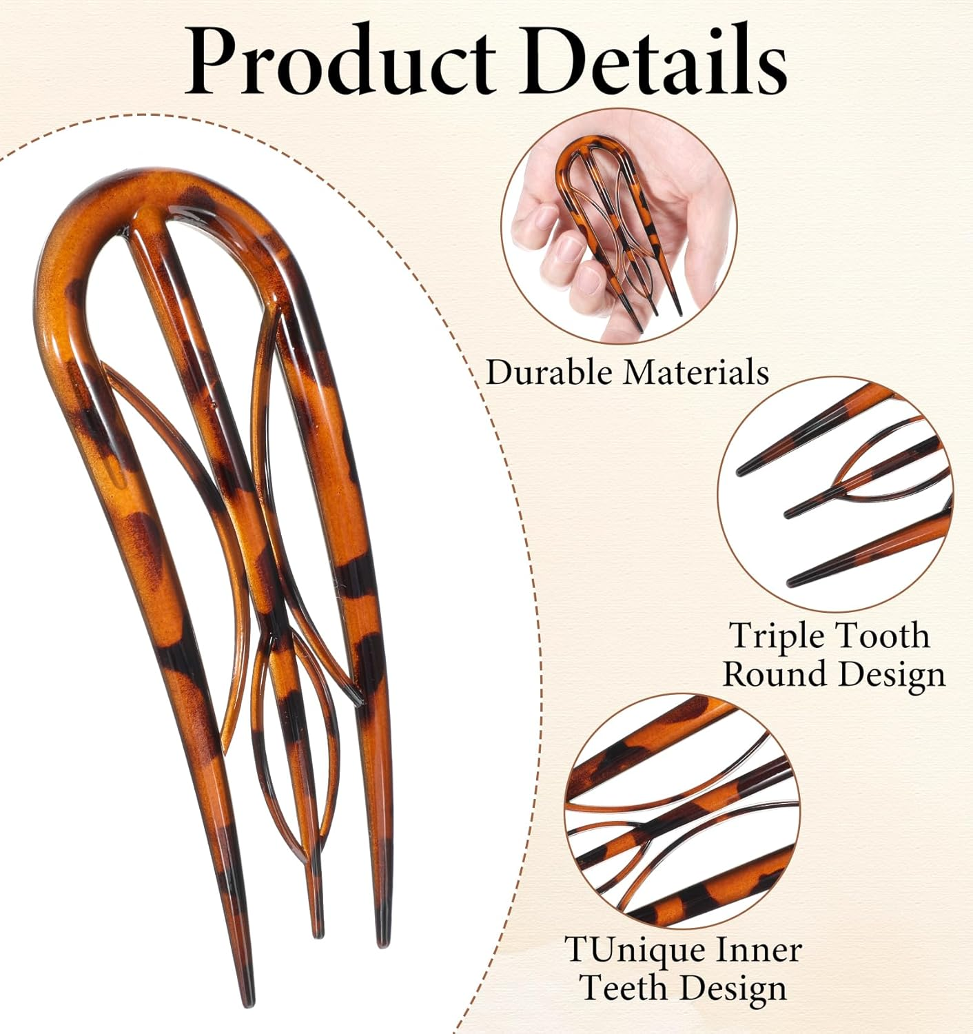 Large French Hair Pin, 4 Pcs French Hair Pins for Women Fine Hair, Plastic Hair Pins, French Twist Hair Clips with 3 Inner Teeth Design for Women, U Shaped French Hairpin & Hair Prong & Forks image number 6