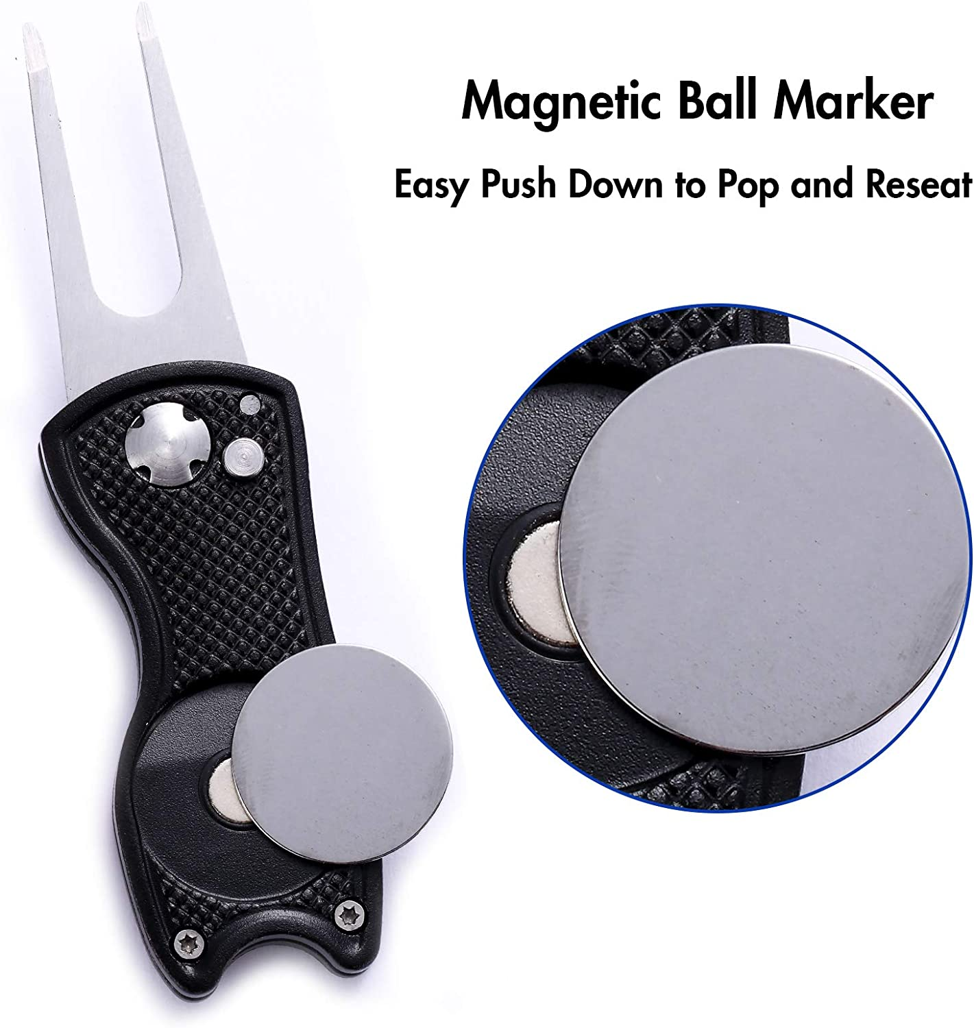 2 Pack Metal Foldable Golf Divot Tool with Pop-Up Button & Magnetic Ball Marker (Pack of 2, Fish Design) - Black  Silver image number 2