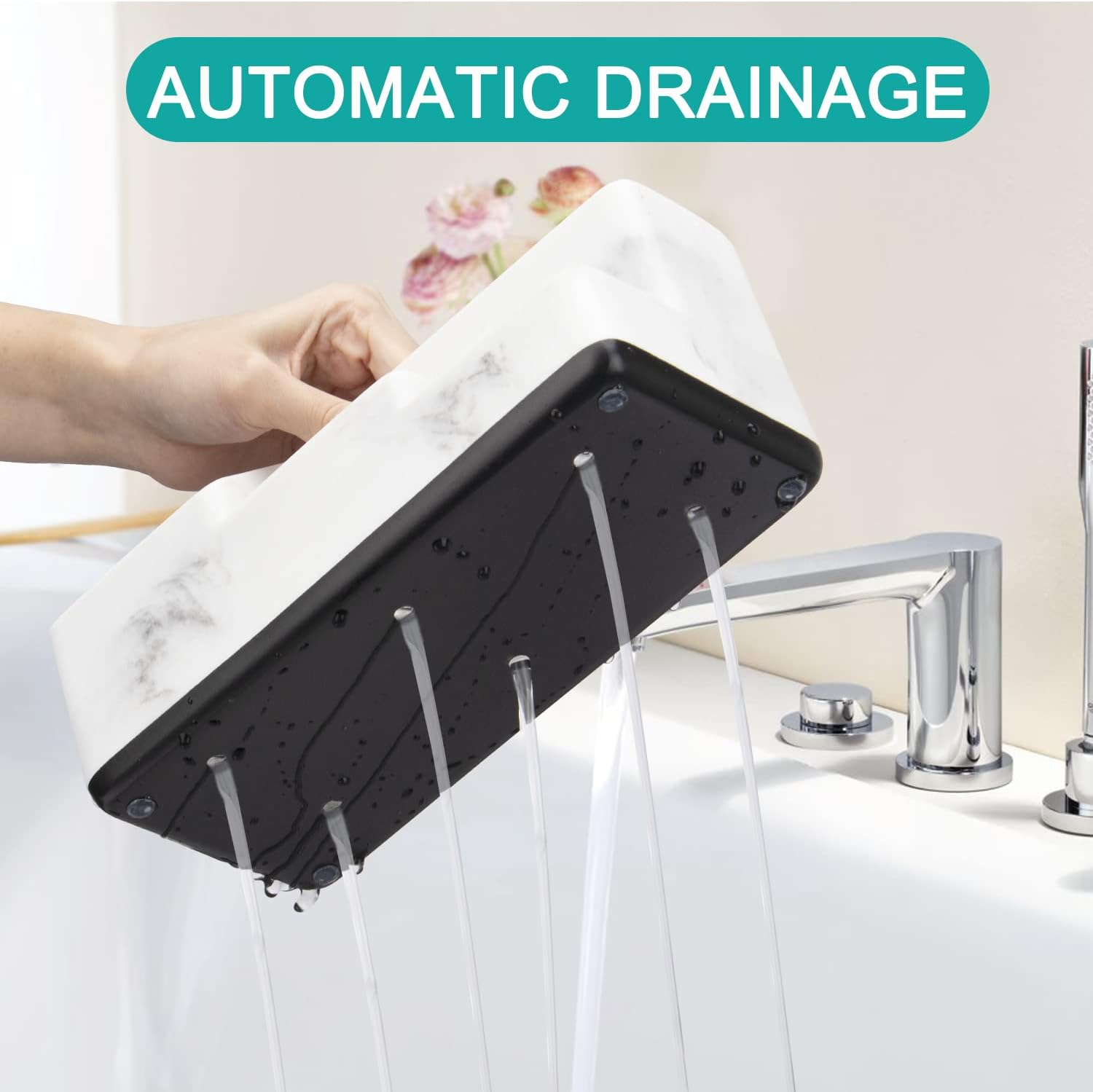 Richenda Toothbrush and Toothpaste Holder with Drainage, 5 Slots Bathroom Organizer Storage Caddy Countertop Anti-Slip Home Storage Organisation for Shower,Bath Products, Kitchen, White Marble - White Marble image number 7