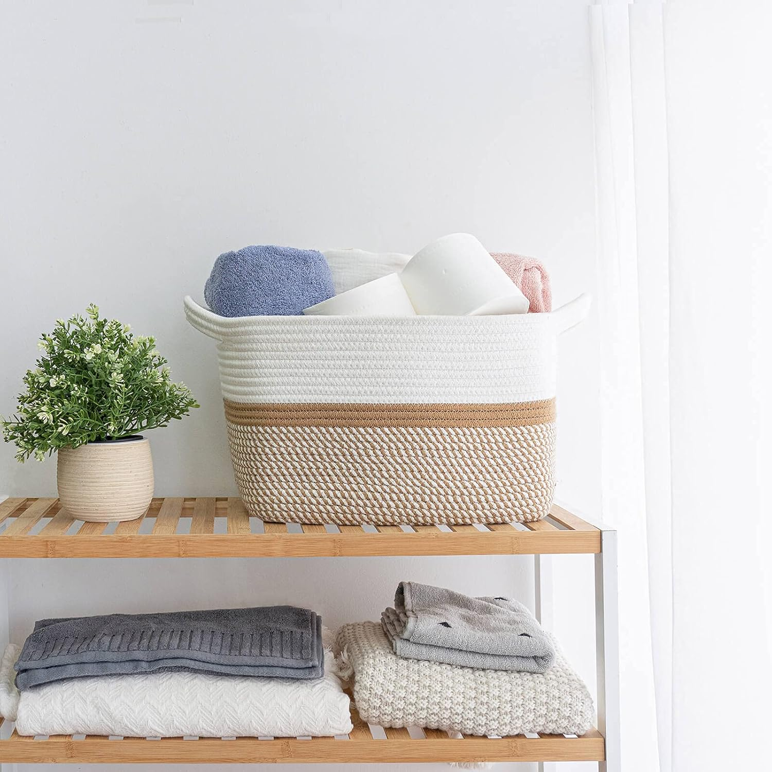 CHICVITA Square Cotton Rope Woven Basket with Handles for Books, Magazines, Toys - Decorative Rectangle Basket for Baby Nursery, Living Room, Bathroom 13.5" X 11" X 9.5", Brown and White - Brown And White image number 3