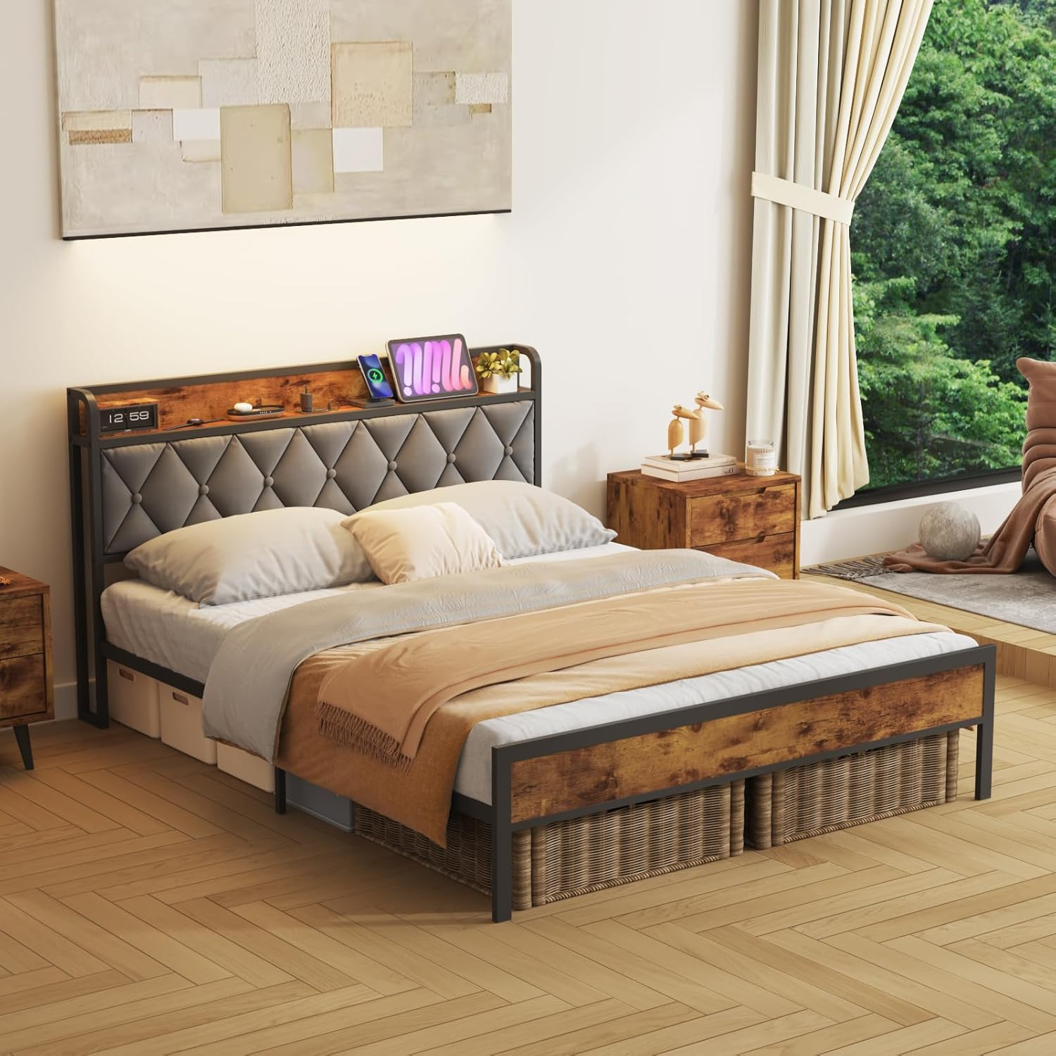 ADVWIN Double Size Bed Frame, Storage Headboard with Charging Station, Industrial Upholstered Platform Bed with Metal Mattress Base Support, No Box Spring Needed, Rustic Brown