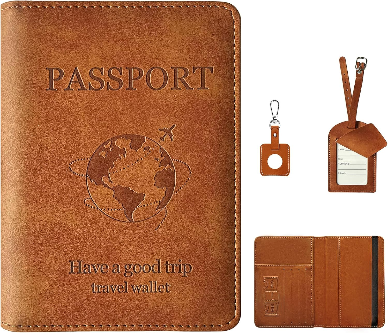 AIJOY PU Leather Passport Holder for Men & Women &ndash; RFID Blocking Travel Wallet with Luggage Tag & Tracker Holder &ndash; Travel Essentials 3-In-1 Organizer for Passports, Boarding Passes, Credit Cards&ndash;Brown image number 4