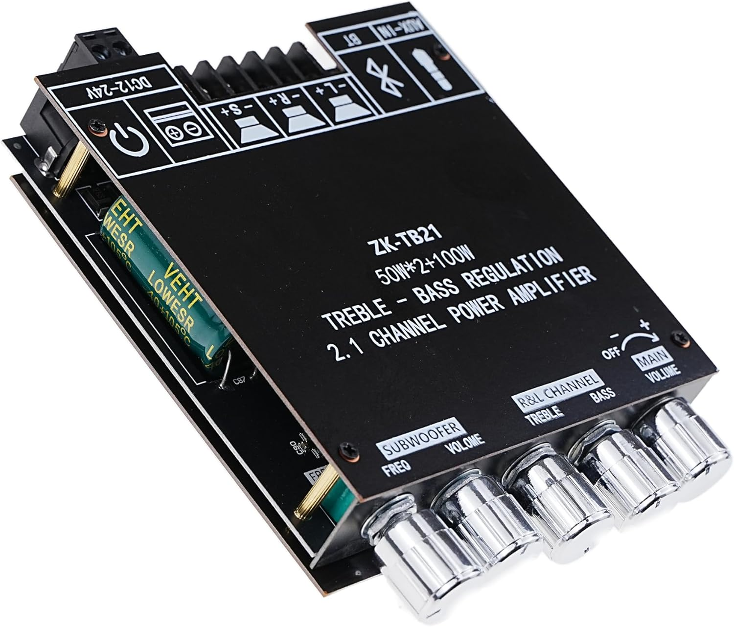 Bluetooth Audio Amplifier Board, ZK-TB21 2.1CH 50W X 2 +100W Subwoofer Power Amp with Treble and Bass Control, Bluetooth5.0 and AUX Inputs, Stereo Digital AMP for DIY Home Speakers (ZK-TB21) image number 6