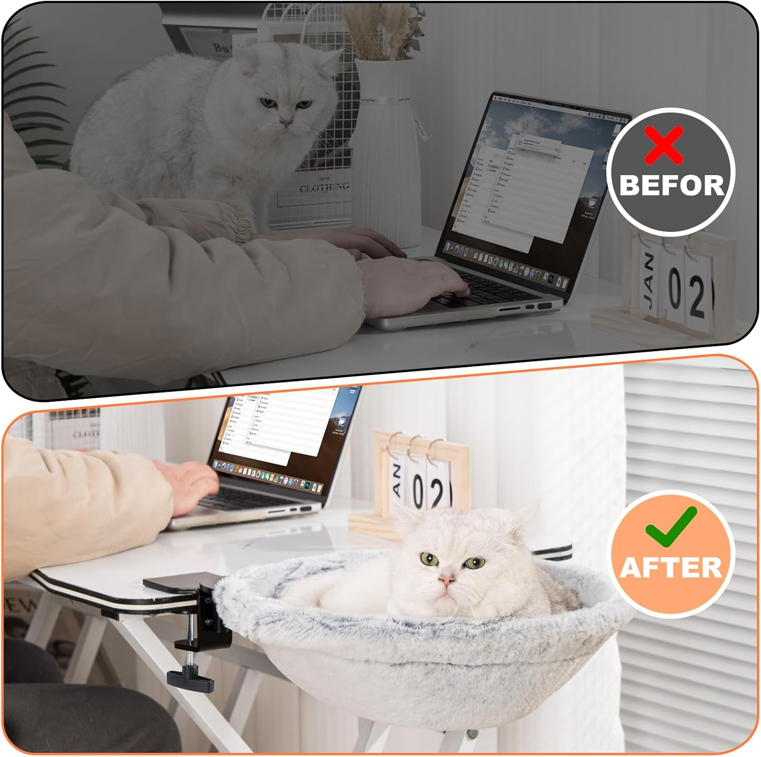 Uross Cat Desk Bed - 180&deg; Rotating Soft & Comfortable Rabbit Fur Bed Cat Hammock, Modern Indoor Cat Nest Furniture for Office Desks and Game Tables, Island Table-Supports 23 KG (Lightgrey)