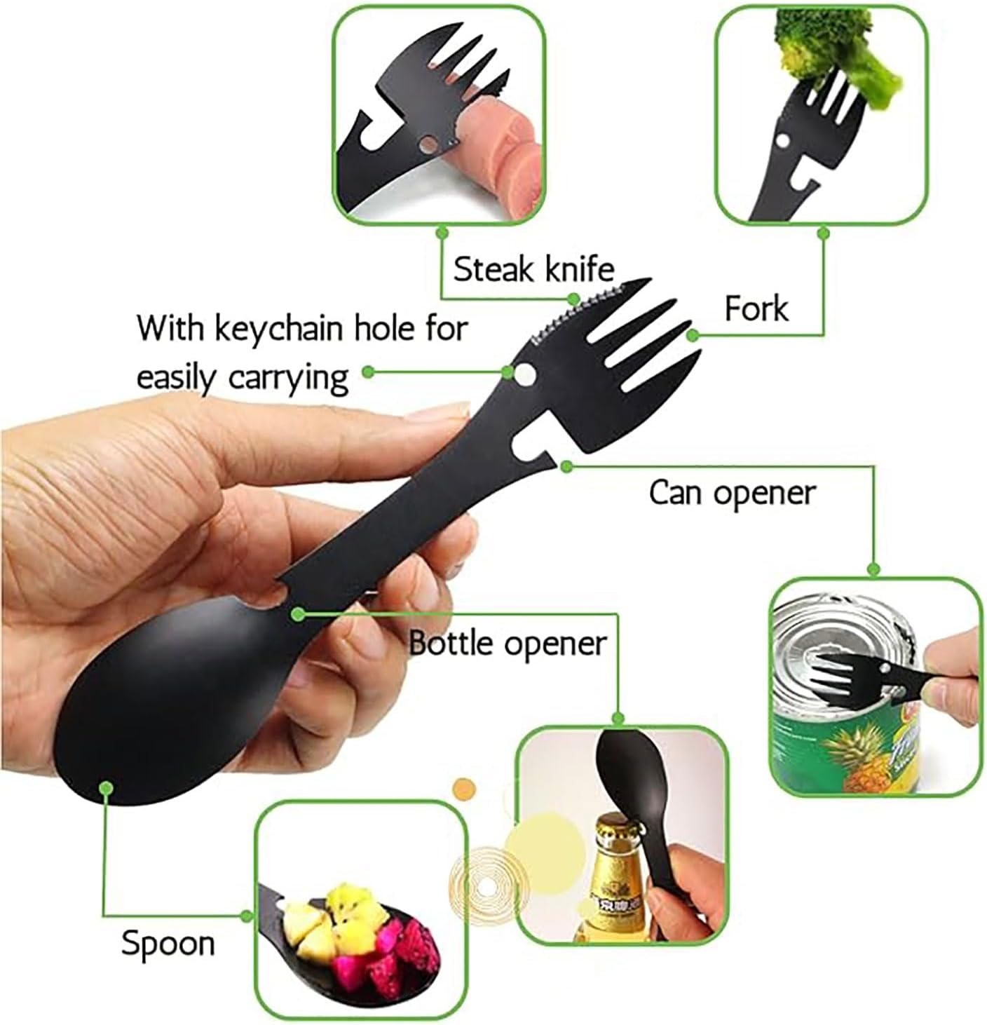 5-In-1 Multi-Functional Camping Utensils, 2 Pack, Stainless Steel Spork, Fork & Knife, Can & Bottle Opener, with Carabiner and Bag, Black image number 5