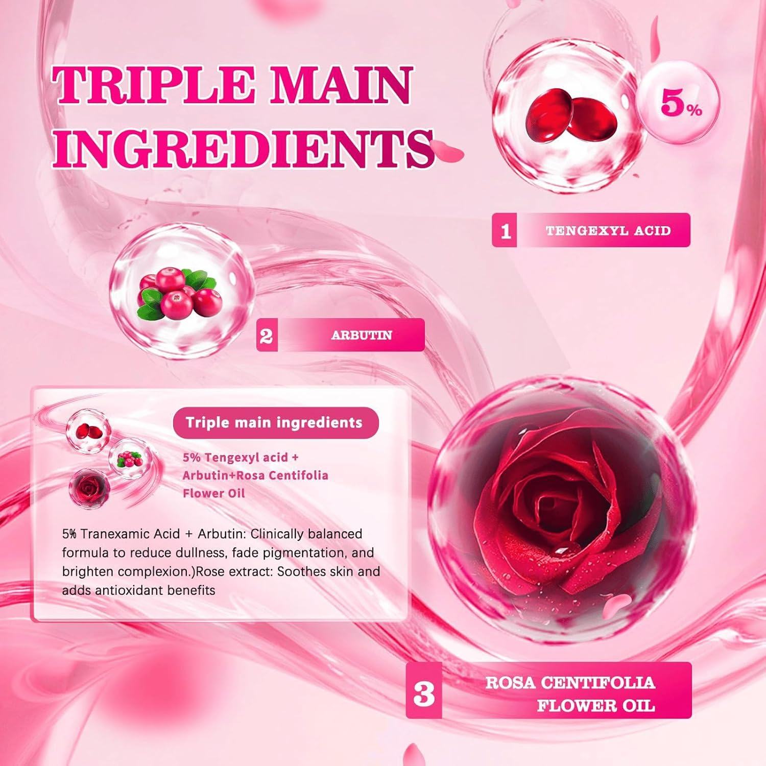 Brightening Face Serum with 5% Tranexamic Acid, Niacinamide & Arbutin &ndash; Hydrating Anti-Aging Formula with Rose Extract, Fades Dark Spots, Evens Skin Tone & Boosts Radiance, 30Ml (6Pcs) - 2Pcs image number 4