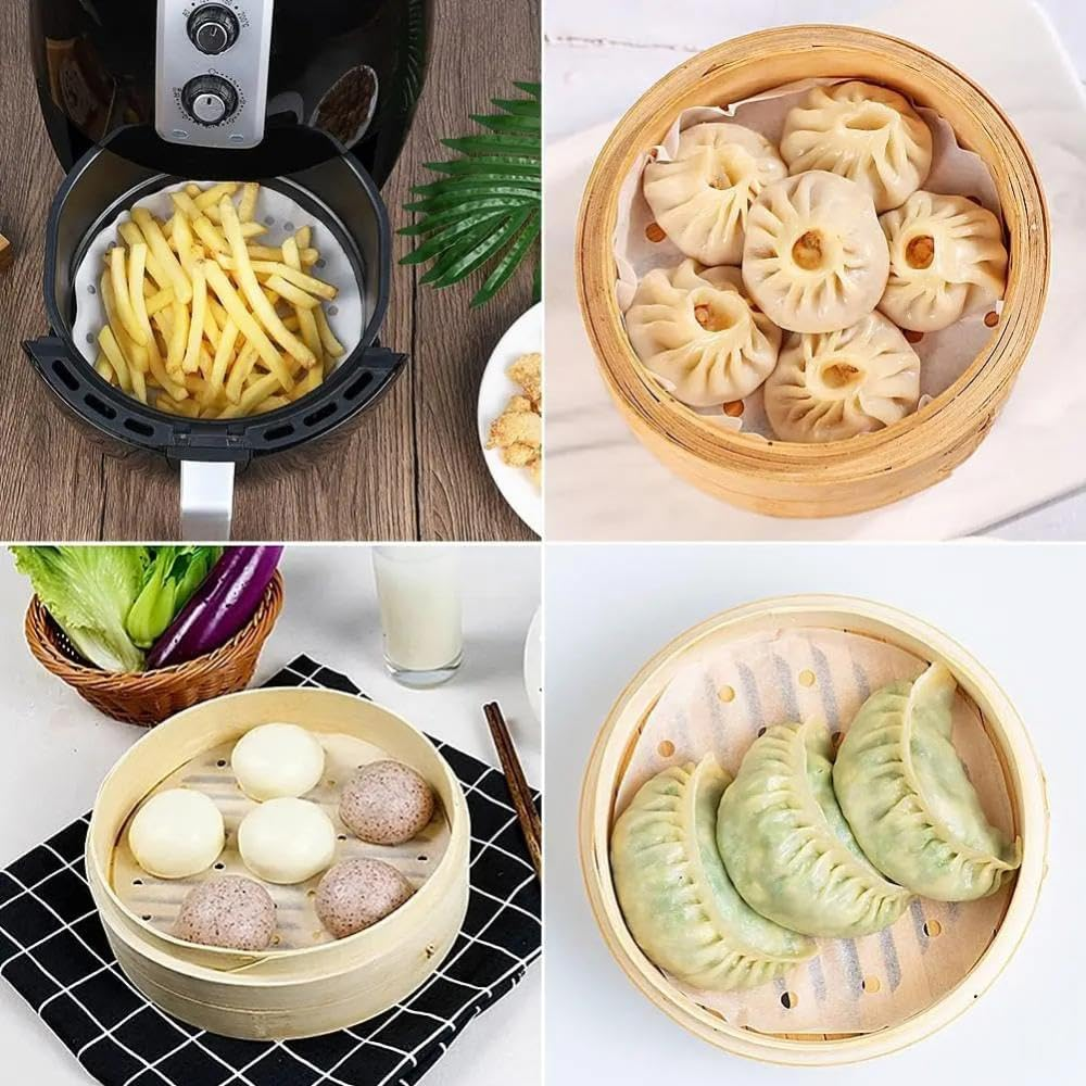 200 Pcs Air Fryer Liners, YIFARUBE 7Inch Bamboo Steamer Liners, Non Stick Perforated Parchment Sheets, round Bamboo Steamer Paper for Cake Pan Basket Baking Ovening image number 6