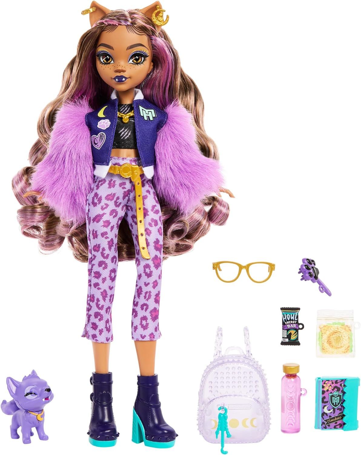 Monster High Clawdeen Wolf Doll with Pet Dog Crescent and Accessories like Backpack, Planner, Snacks and More image number 2