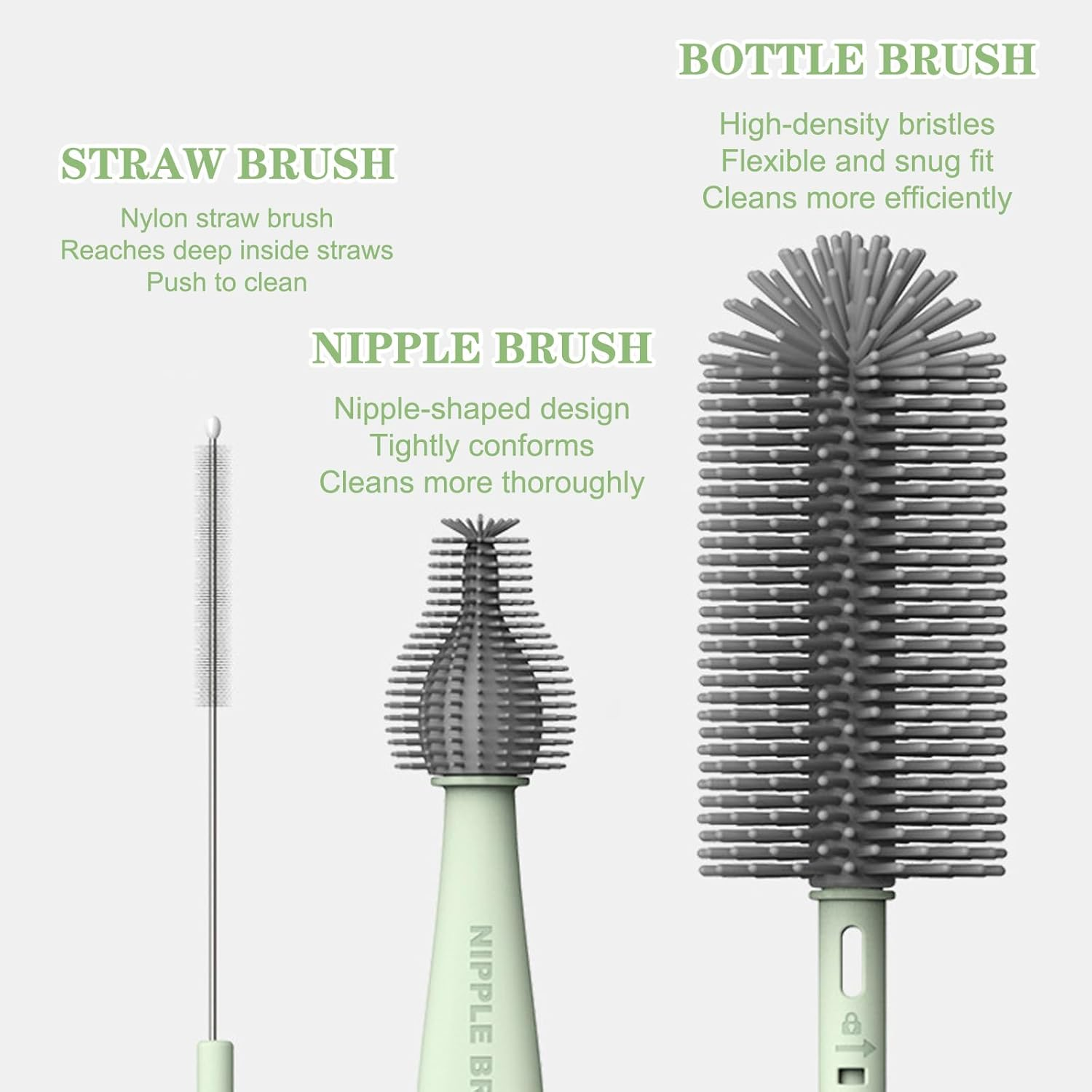 Bottle Brush Set -Baby Travel Essential-6 in 1 Bottle Cleaner Kit with Silicone Bottle Brush,Nipple Cleaner Brush,Straw Brush,Soap Dispenser,Storage Box,Bottle Drying Rack for Home and Travel(Green)
