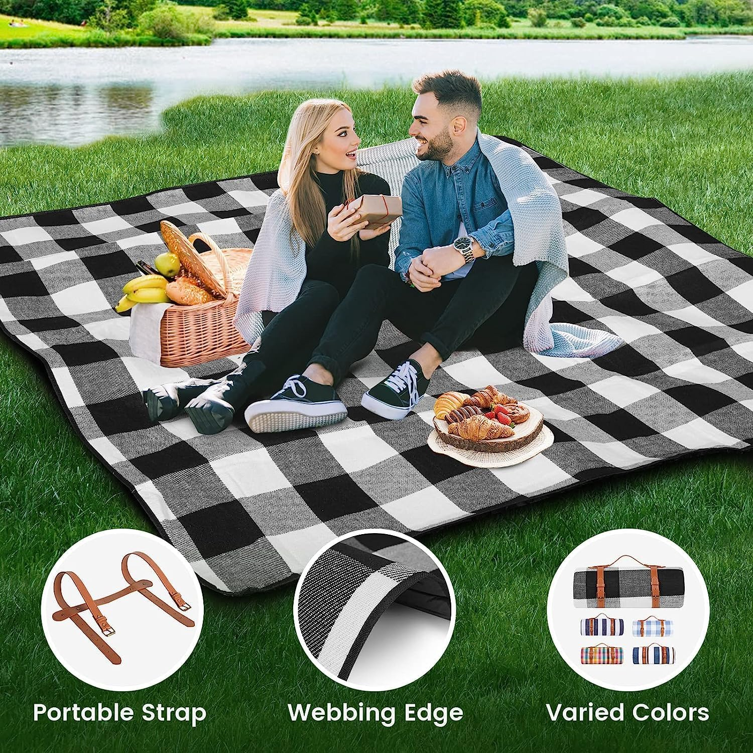 Waterproof Picnic Blanket Portable with Carry Strap, 200X200Cm Extra Large Foldable Compact Beach Blanket for Spring Summer Camping, Park, Travel Grass image number 5