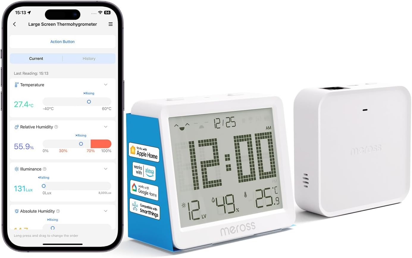 Meross Room Thermometer and Humidity Sensor Kit, Smart Hygrometer Indoor Thermometer, Large 3.7" Display, App Alert, Humidity Meter Compatible with Matter, Homekit, Alexa, Google Home, Hub Required image number 4