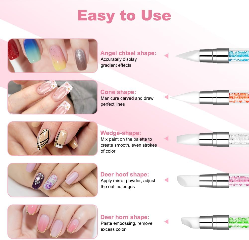 BUTBU Pack of 5 Silicone Brushes, Double End Nail Art Brush, Nail Design Brush, Painting Art Design Brush Set, Nail Dotting Drawing Tool, Silicone Modelling Brush Set for DIY Nail Art Design(A) image number 3