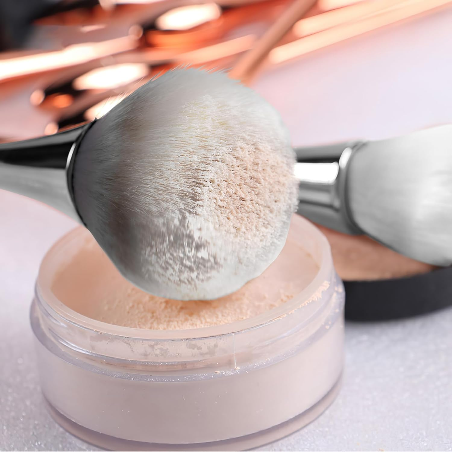 Large Powder Makeup Brush with Plush Fibers for Loose or Pressed Setting Powder, Blush, Bronzer in Blue with PVC Bow Box - Blue image number 4