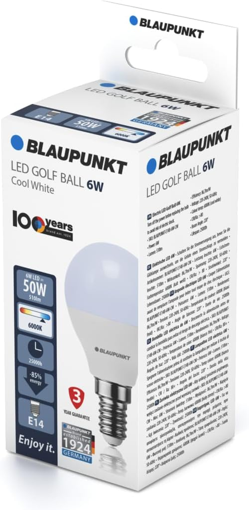 Blaupunkt LED Bulb G45 Golf Ball, E14 Base Screw, 6W, Replaces 50W Incandescent, Cool White 6000K, Cold Light, Non-Dimmable, 520 Lumen, Light Bulb, Room Lighting, 1 Piece (Pack of 1) image number 1
