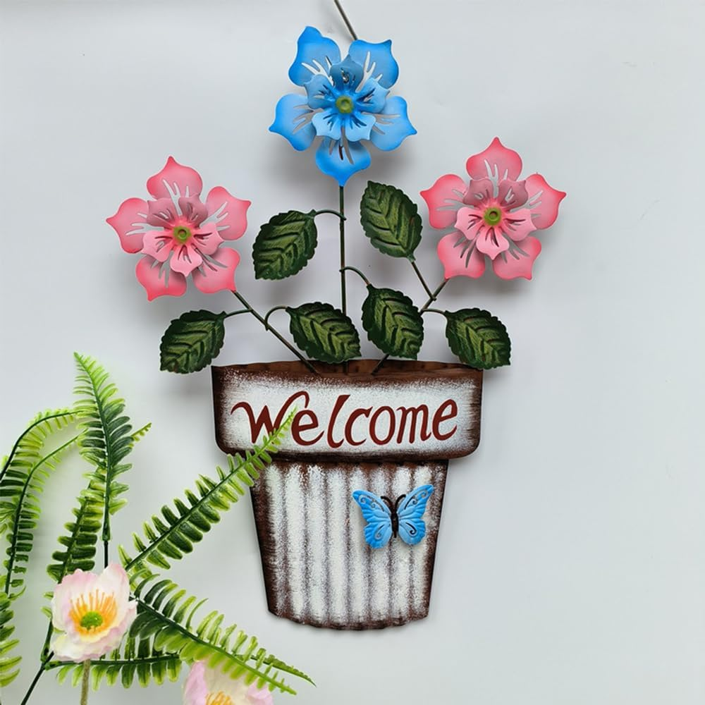 Decorative Garden Stakes, Metal Flower Pot Garden Decor, Welcome Yard Signs for Outdoor Lawn Backyard Patio Porch Pathway Decorations image number 1