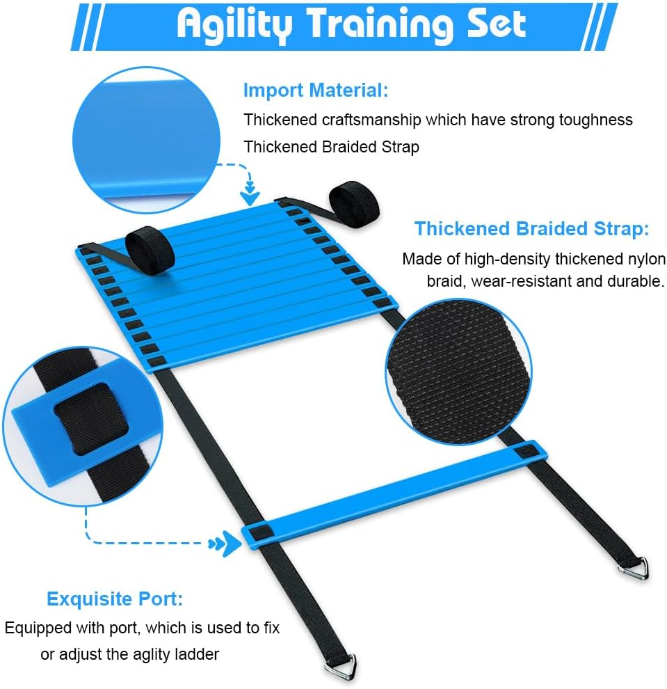 Football Training Equipment for Kids, Speed Agility Training Set, Agility Ladder 12 Rung 6M, Football Kick Trainer, 12 Disc Cones, Football Training Kit Gifts for Boys