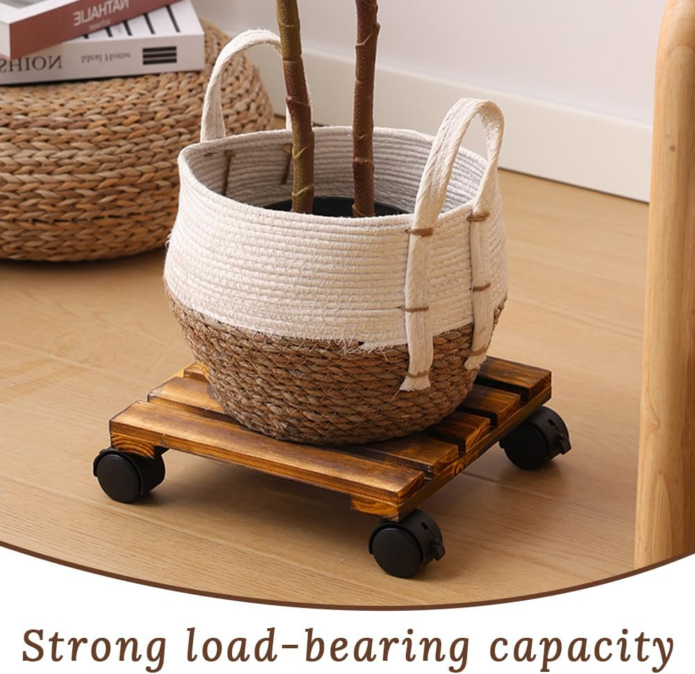 2 Pack Plant Caddy with Wheels,Flower Pot Tray,With 360&deg; Lockable Wheels,Convenient Durable,High Load Bearing,Wood Plant Dolly,For Indoor,Outdoor,Patio,Flower,Succulent Pot image number 5