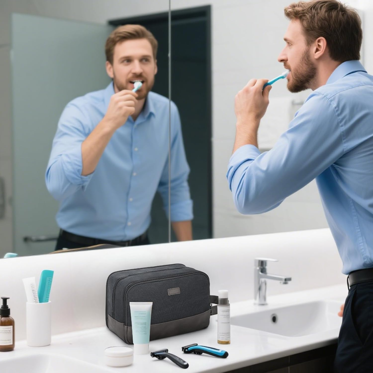 WANDF Travel Toiletry Bag for Men Hanging Dopp Kit Canvas Toiletry Organizer Water-Resistant Vegan Leather Shaving Bag for Toiletries Accessories (Black)