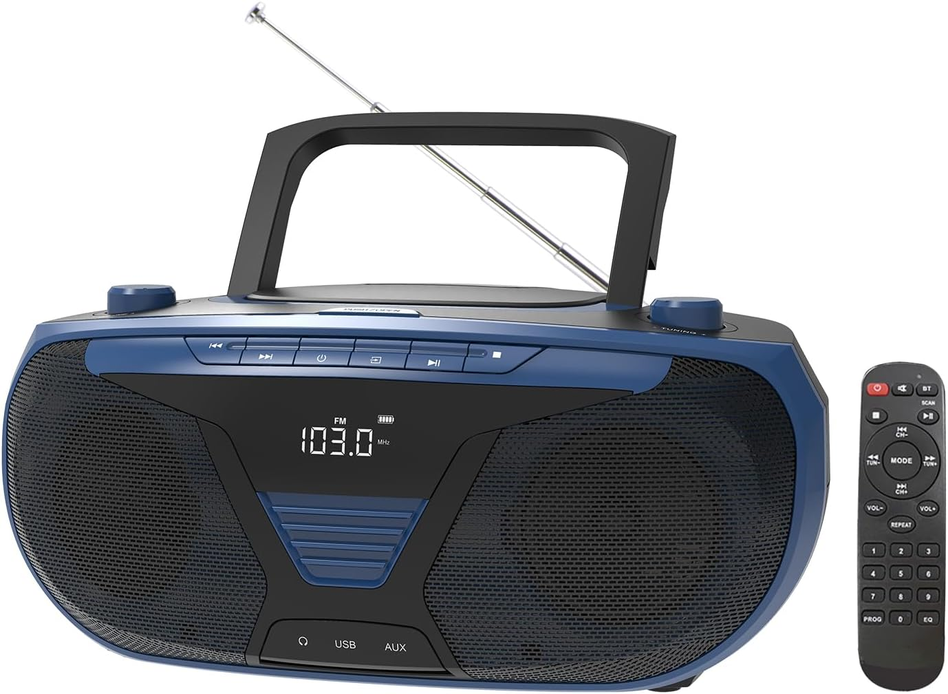 Portable Boombox - CD Player, Bluetooth, USB, MP3, AUX, FM Radio, Portable, Built-In Stereo Speakers, Carrying Handle, LCD Display, Black