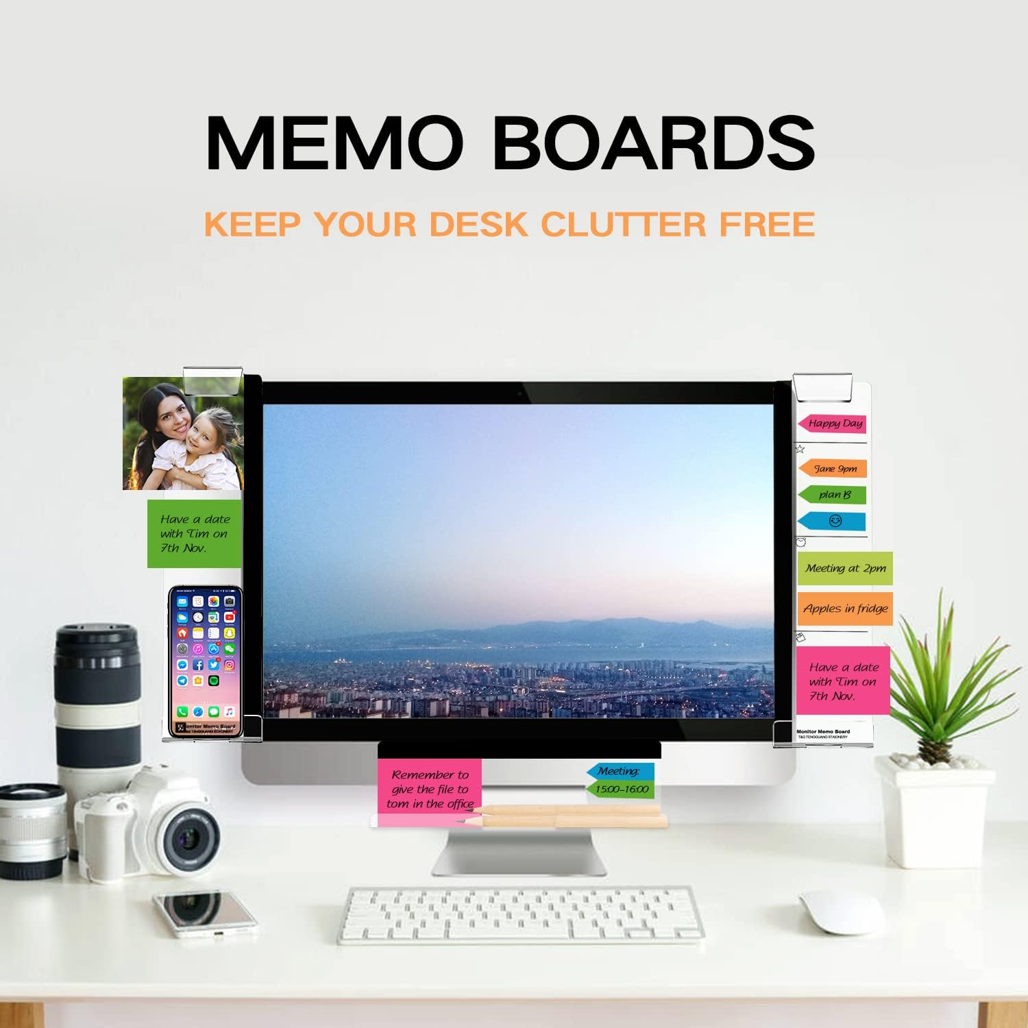 Monitor Memo Boards for Computer, Set of 3 (Left & Right & Bottom) Multifunction Acrylic Screen Message Reminder Pad Side Panels Phone Holder - Utility Organizer for Office Desktop, with Sticky Notes image number 5