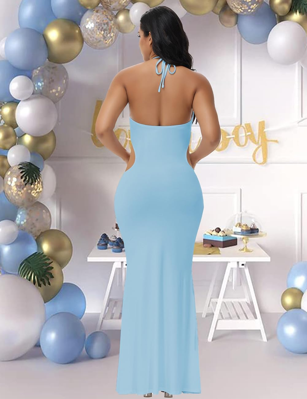 Justvh Women'S Maternity Cut Out Backless Bodycon Dress Halter Maxi Photography Pregnancy Dress for Photoshoot Baby Shower image number 6