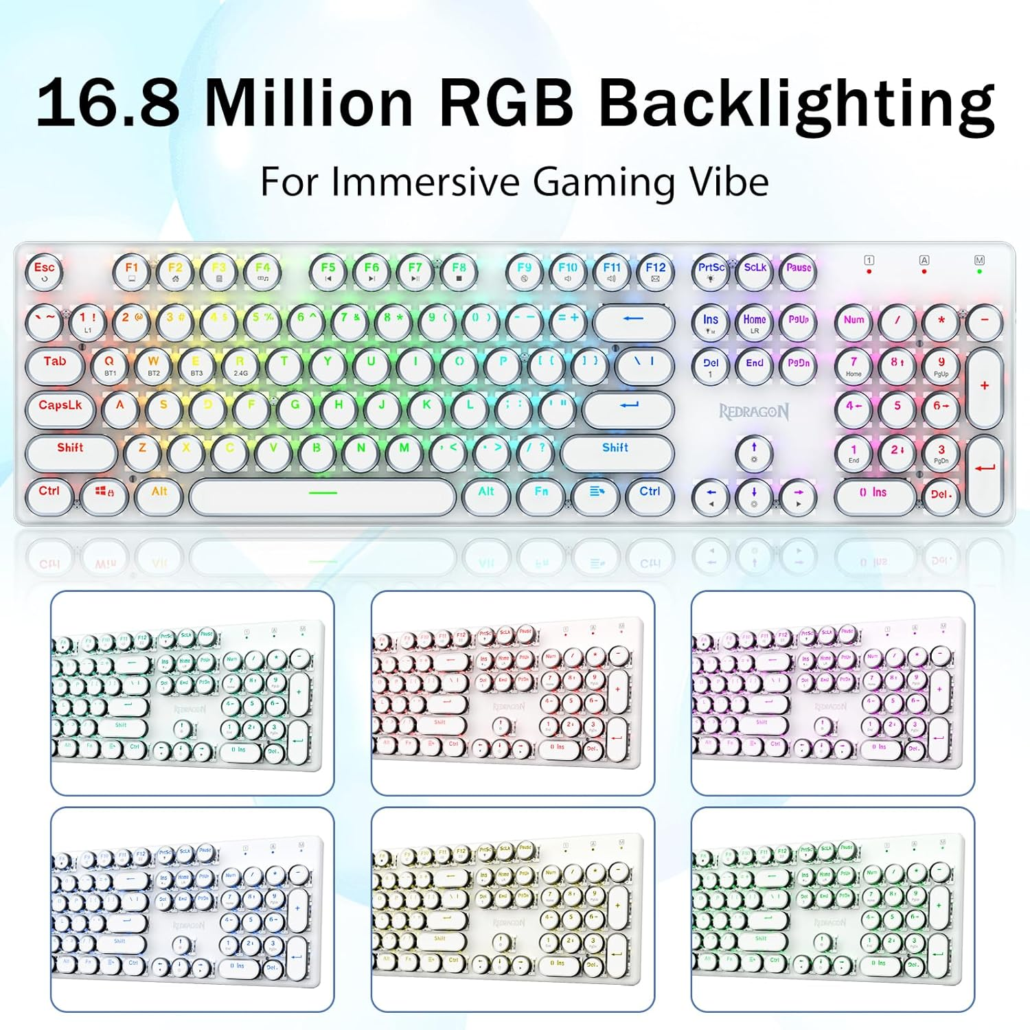 Redragon K710 Wireless Typewriter Style Mechanical Gaming Keyboard, Bluetooth/2.4Ghz/Wired, RGB Backlit, Rechargeable, Blue Switch - Clicky, Metal Panel, round Keycaps, White image number 6