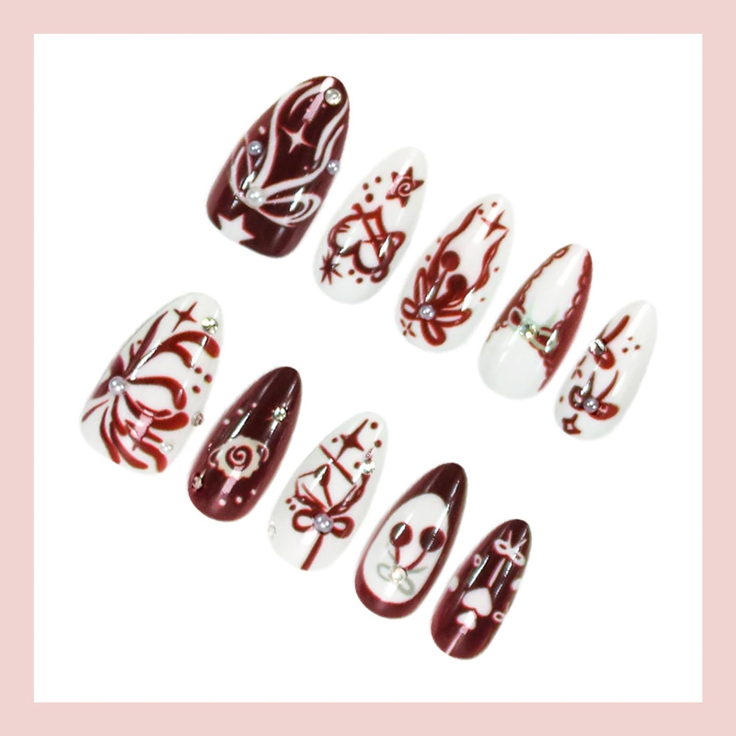 24 PCS Valentine'S Day Press on Nails Bow, Heart, Cherry, and Rhinestone Fake Nails Medium Gifts for Women and Girls (No.27) image number 2