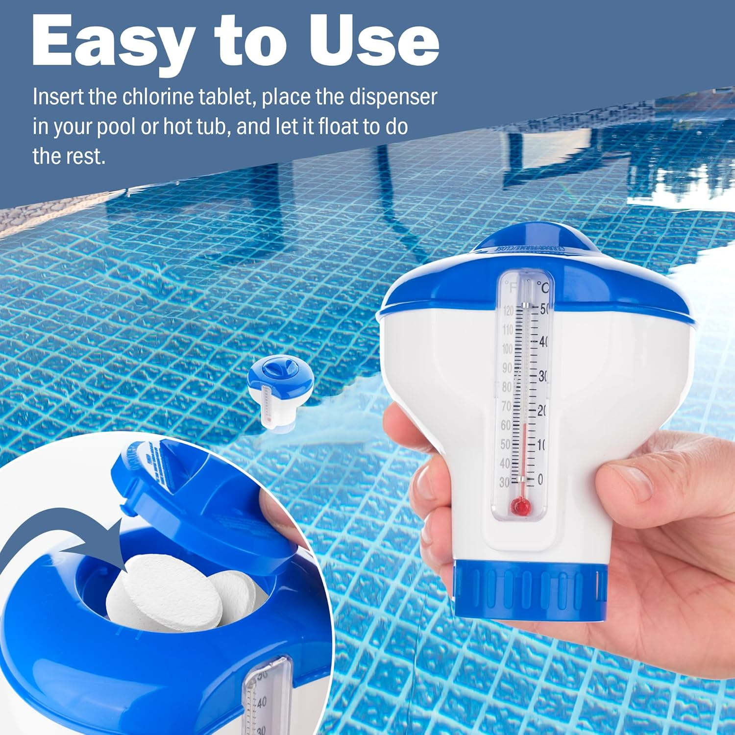 Chlorine Dispenser for Hot Tub with Built-In Thermometer &ndash; Floating Chlorine Dispenser for Hot Tubs, Pools, and Spas &ndash; Adjustable Flow Control, Durable Design