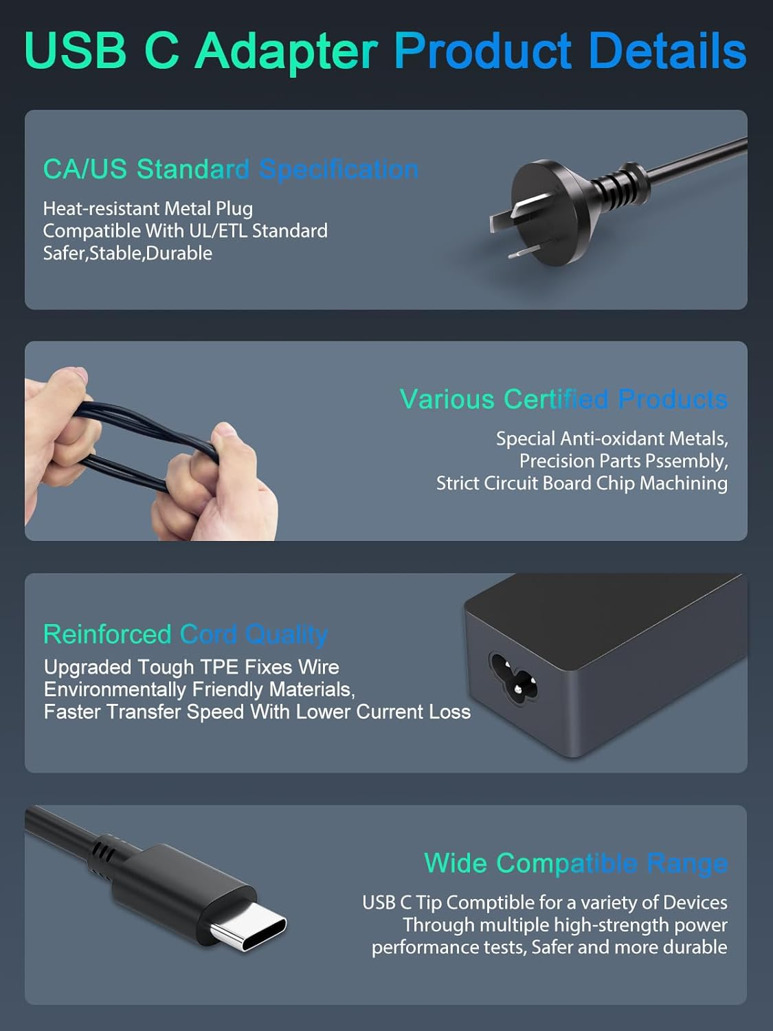 65W USB C Laptop Charger Fast Chromebook Charger Compatible with Lenovo Thinkpad Yoga HP Spectre Elitebook Dell Latitude Acer Google Asus Samsung Computer Replacement 45W USB Type C Power Supply Cord