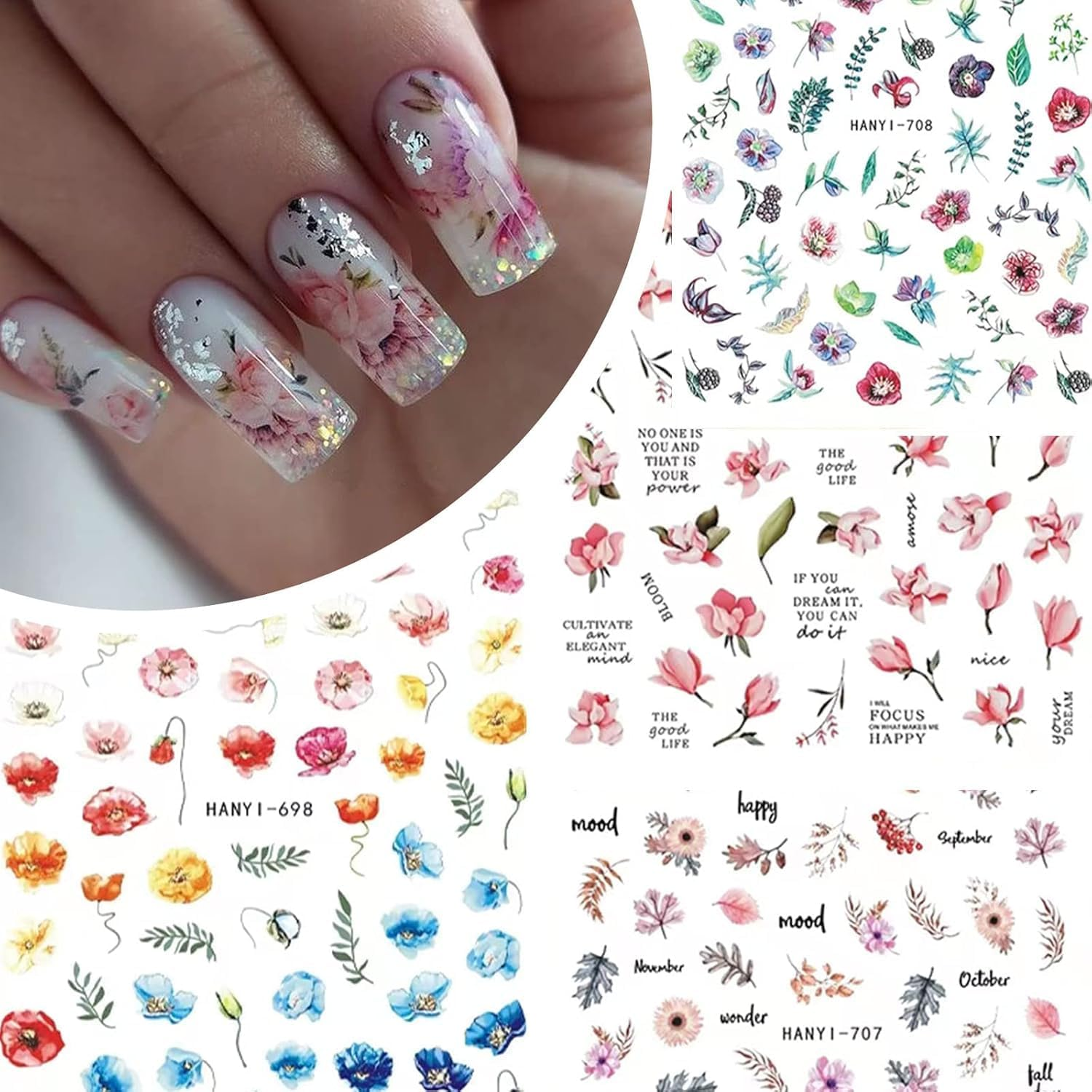 14 Sheets Flower Nail Art Stickers,Nail Art Supplies Orchid Butterfly Colorful Design Nail Accessories for Women Nail Decorations image number 3