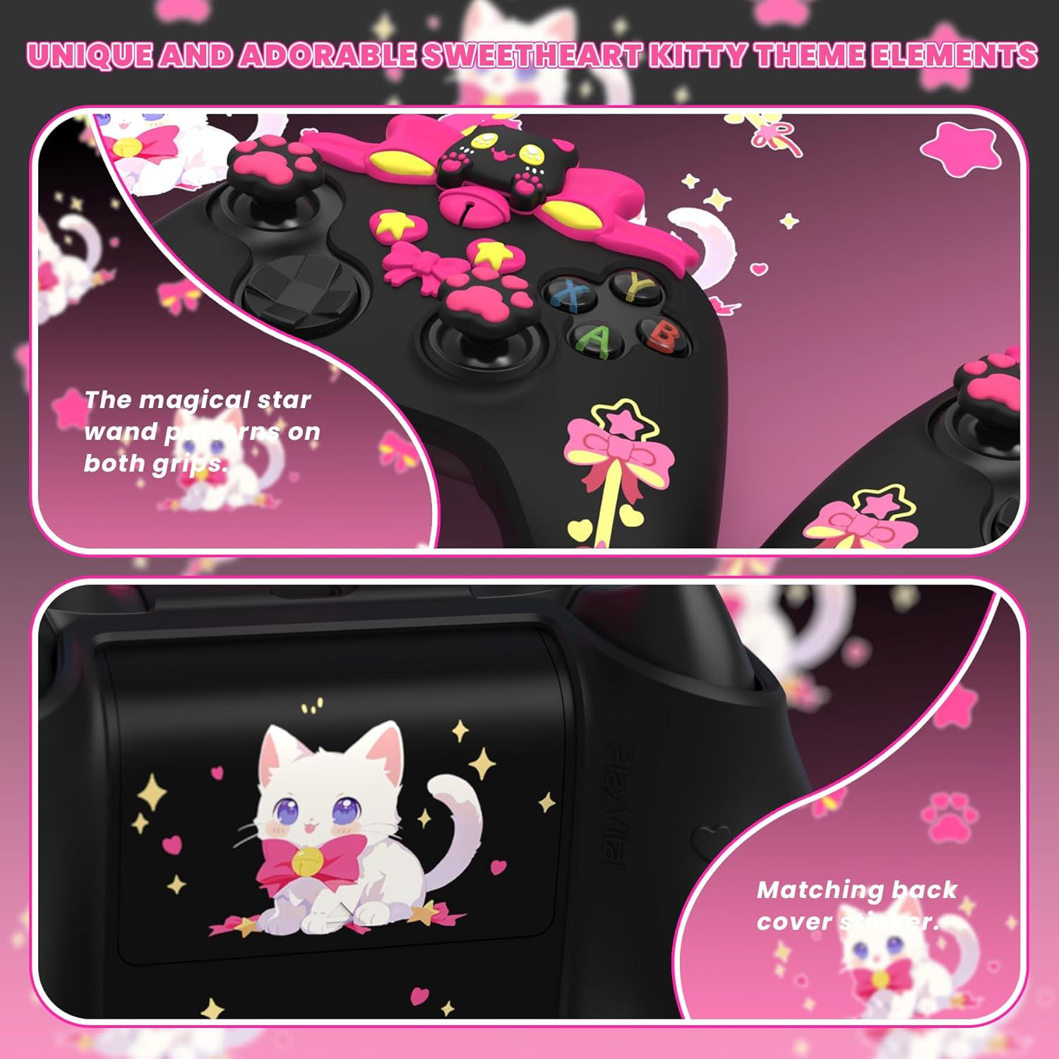 Playvital Sweetheart Kitty Silicone Cover Compatible with Xbox Series X/S Controller with Thumb Grips and Stickers, Soft Rubber Protector with Anti-Slip Grip for Xbox Core Controller - Black - Black image number 6