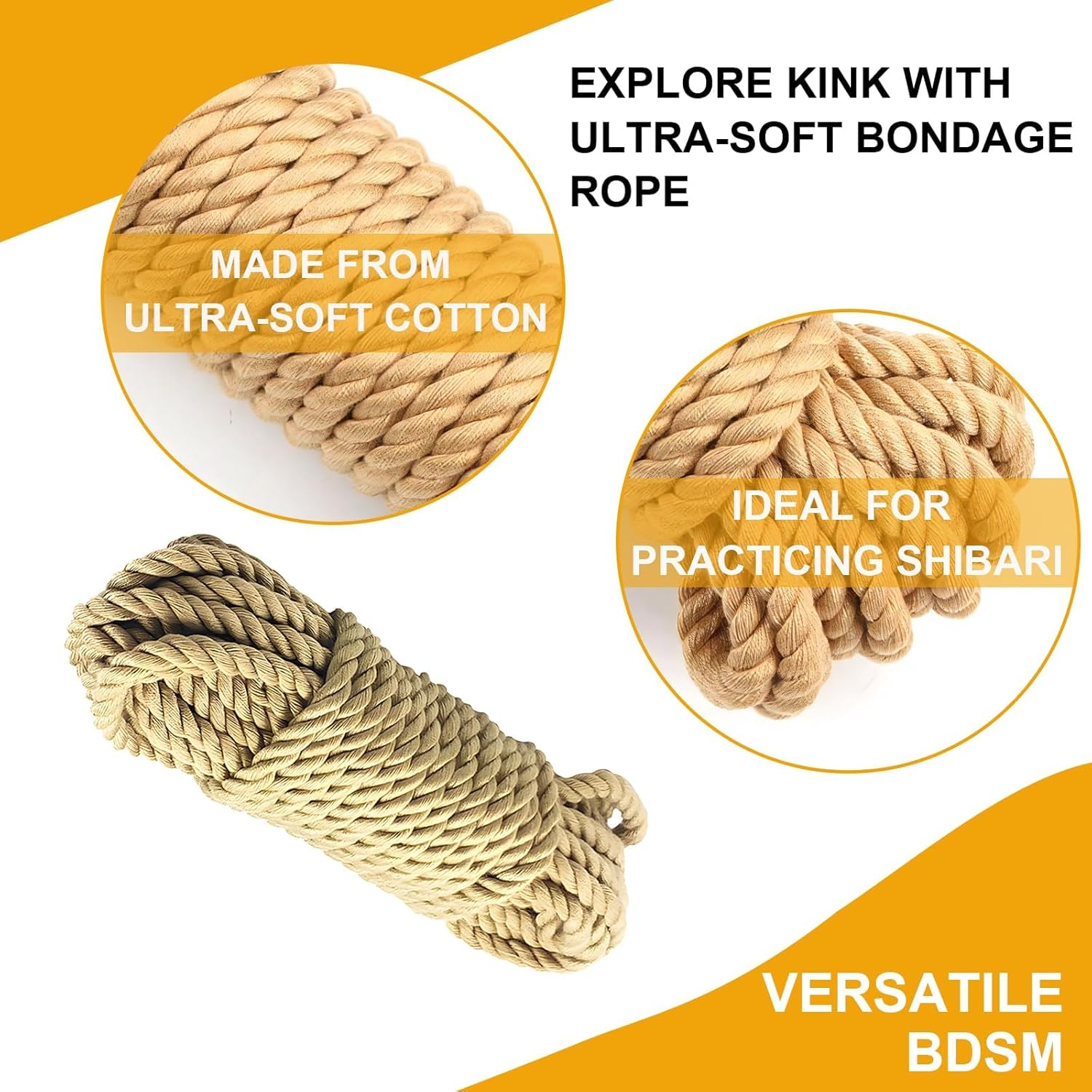 Cotton BDSM Bondage Rope Restraint Kit for Sex, 3 Pack 49 Feet Soft Shibari Rope Kit for Beginner, Bondage Restraint Adult Sex Toys BDSM Toys for Women, Men and Couples (8MM Yellow) image number 2