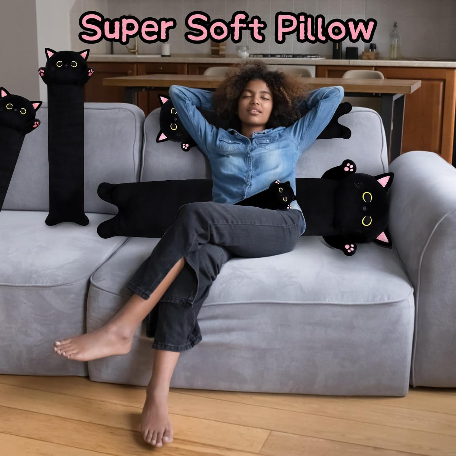 MUFEIRUO Long Cat Plush Body Pillow, 33'' Cute Stuffed Animals Soft Plushie, Black Pillow Kawaii Toys for Kids Birthday Valentines Day Gifts, 90Cm image number 2