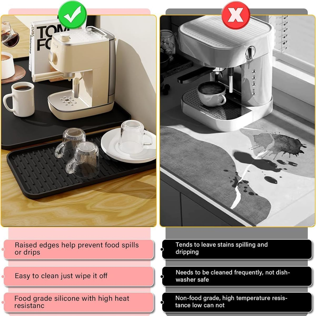 Silicone Coffee Mat, 24'' X 16'' Coffee Accessories,Coffee Bar Mat with Detachable Dish Drying Mat for Kitchen Countertops,Fit for Coffee Maker Machine, Coffee Pot ,Espresso Machine ,Gray image number 3