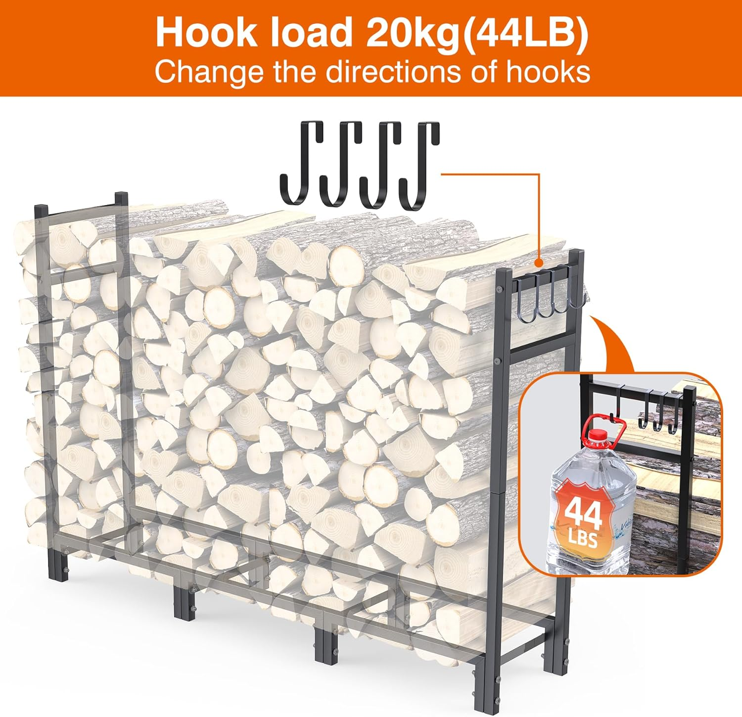 Firewood Rack, Heavy Duty Big Fireplace Rack, 44.7"L X 31.5"H Folding Firewood Storage Log Rack with 4 Hooks, Adjustable Fireplace Log Rack for Wood Storage,Keeps Firewood Neat,Drying-Not Include Wood image number 4