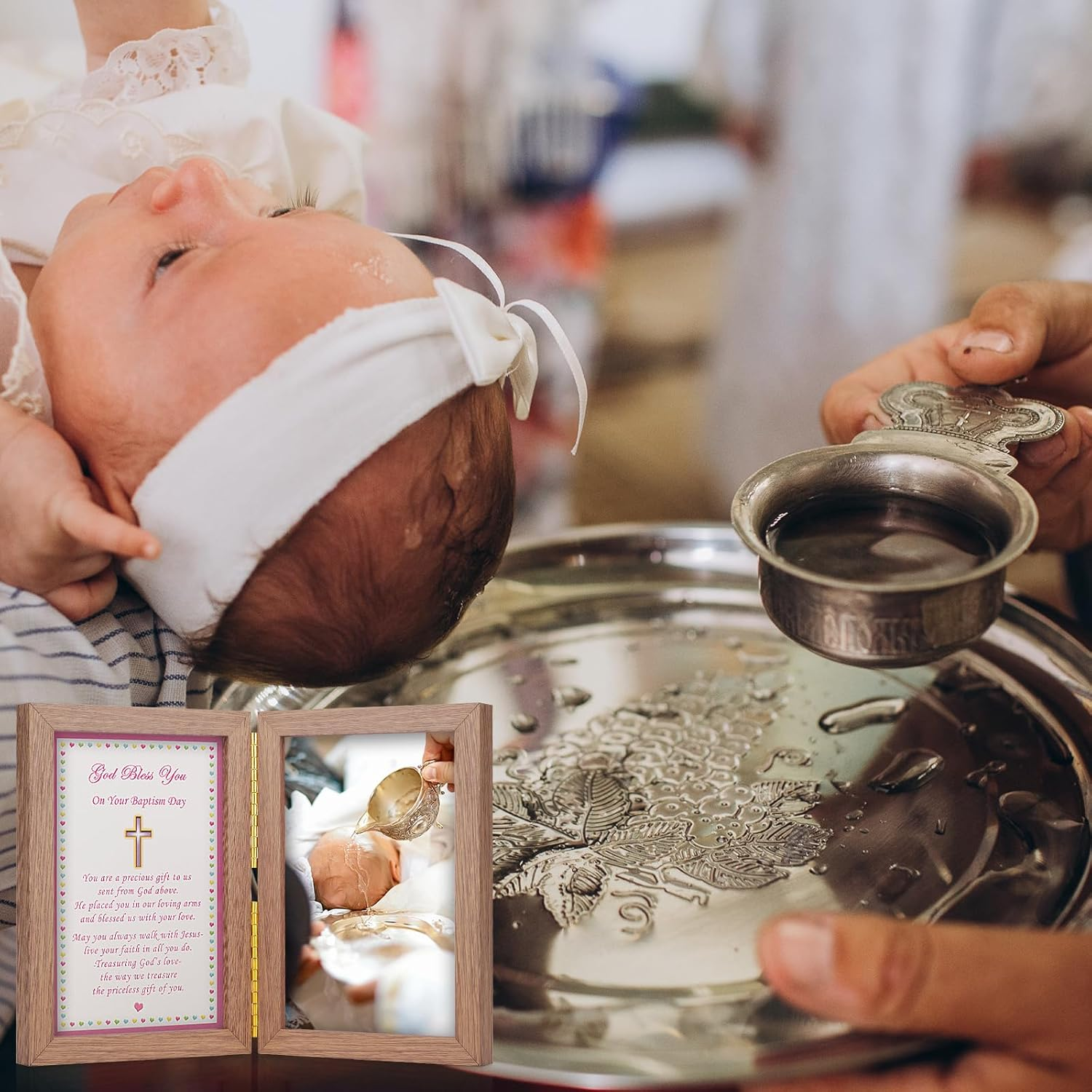 Baby Baptism Picture Frame - Baptism Photo Frame for Girl,Baby Keepsake Photo Frame,Christening Gifts for Girls,With Warm and Touching Blessing of Words"God Bless You " Double Frame (4 X 6 Inches) - Baptism Gifts For Girls image number 2