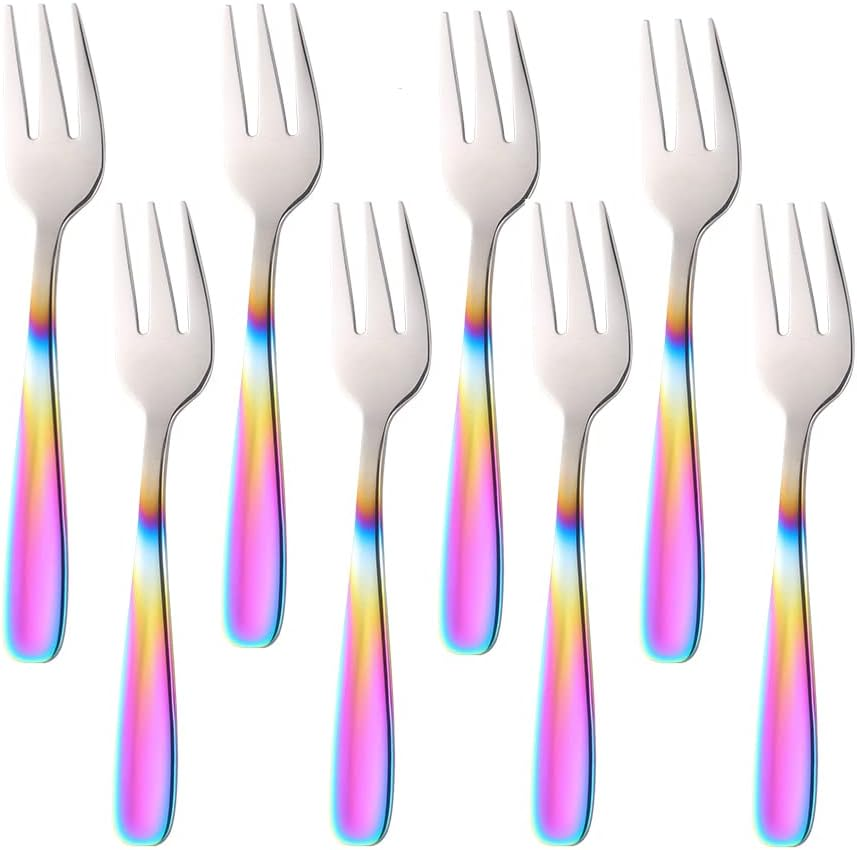 BISDARUN Dessert Forks Stainless Steel Small Cake Forks Fruit Forks 8-Piece Rainbow Length 13.6 Cm / 5.35 Inches
