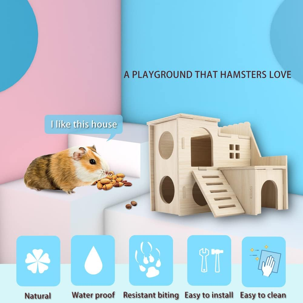 Kcrygogo Hamster Maze Wood House Fun Slide House Double-Decker Hut Chew Toys for Dwarf Gerbil Mouse Mice Rat Small Animals image number 6