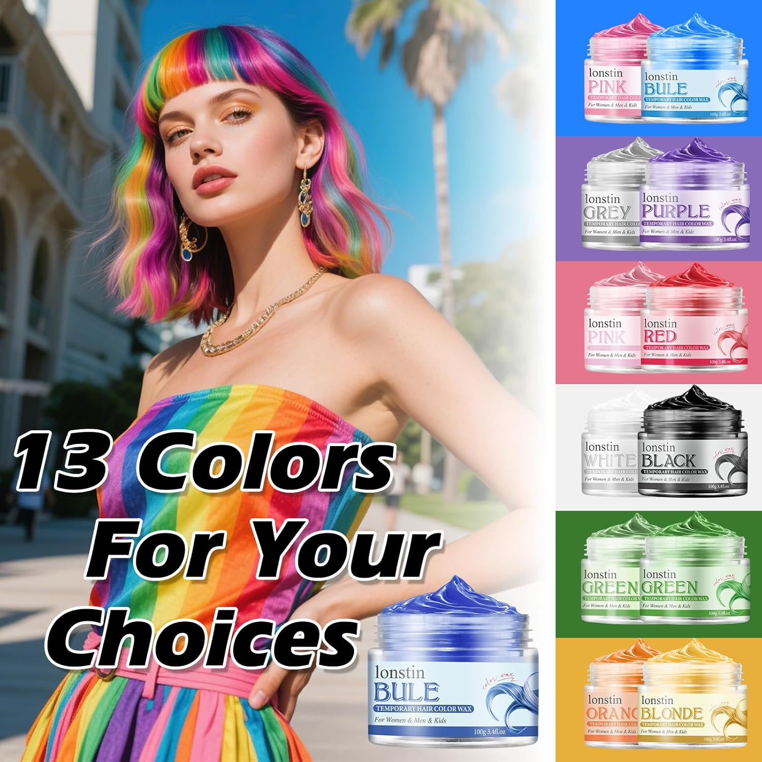 AU Temporary Hair Color Wax Pink - Instant Natural Dye Clay, Non-Damaging & Easy Wash Out, 13 Colours for Men & Women (100G) (Deep Blue, Deep Blue)