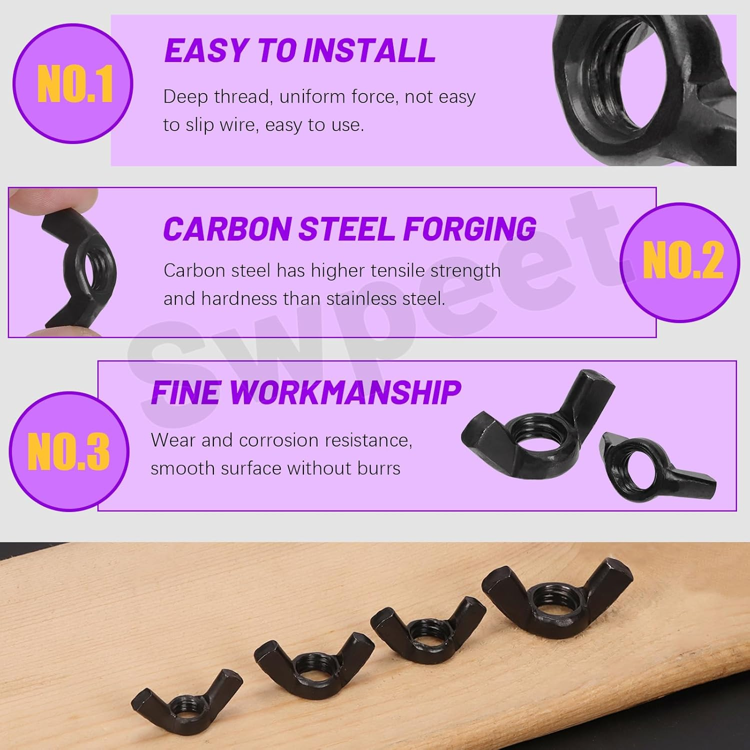 Swpeet 135Pcs Black High Strength Carbon Steel Serrated Metric Wing Nuts Butterfly Nuts Hex Dome Cap Assortment Kit, 7 Sizes - M3 M4 M5 M6 M8 M10 M12 image number 6