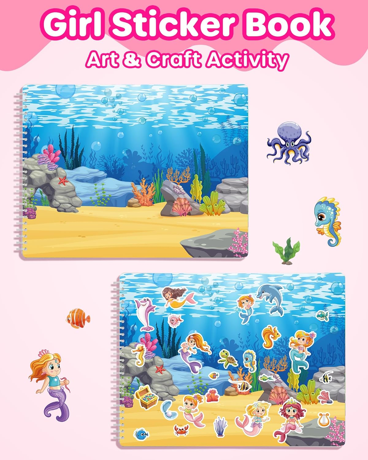 D-Fantix Girl'S Sticker Book for Kids, Unicorn Mermaid Flower Fairy Animal 12 Unique Scenes and 500+ Stickers, Toddler Airplane Travel Road Trip Essentials Activity Book, Arts & Craft for Age 3-8 image number 1