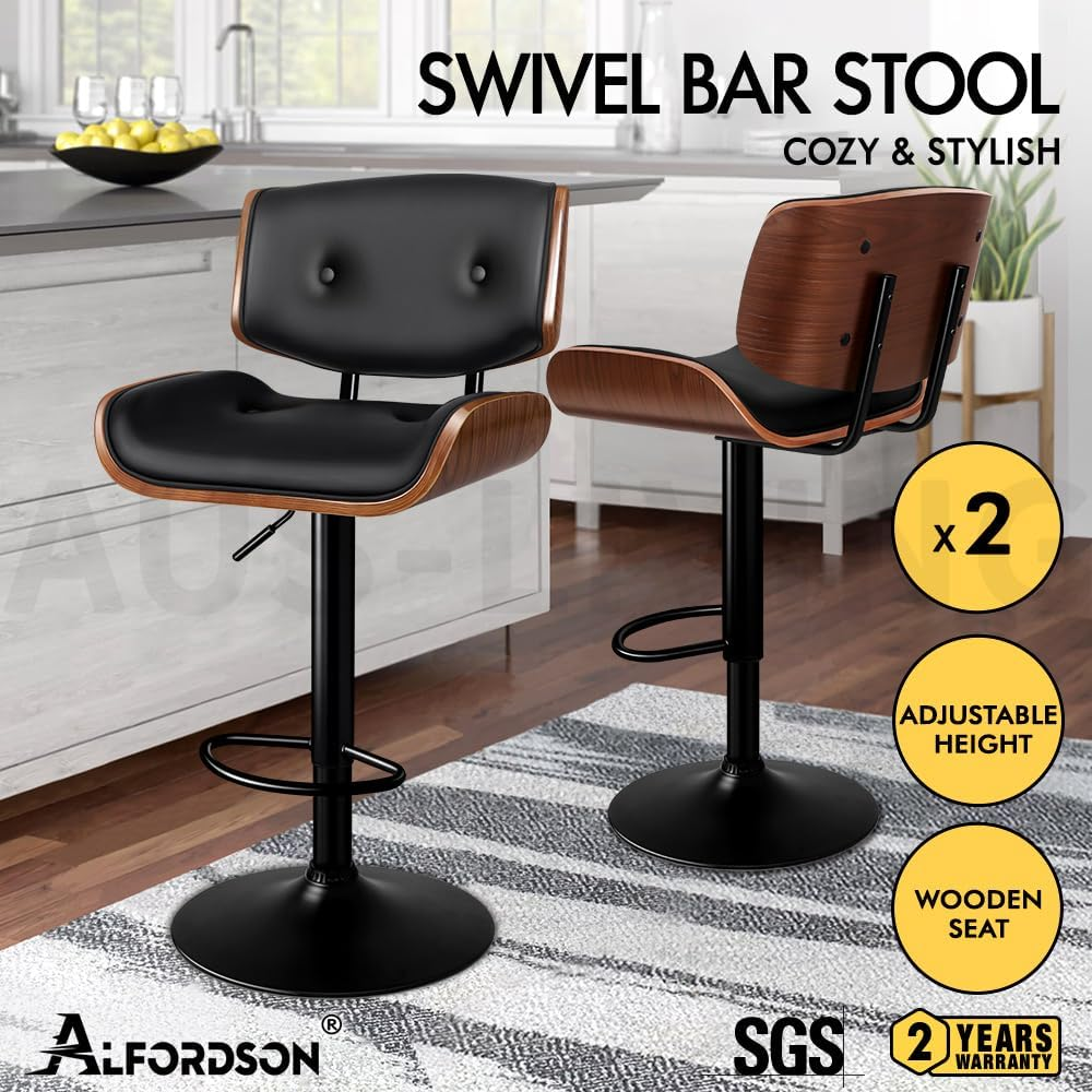 ALFORDSON Bar Stools, 2 Pcs Kayla Swivel Counter Barstool with Anti-Slip Floor Protector, Adjustable Kitchen Stool, Wooden Dining Chair in 62.5-84Cm Seat Height for Home Bar Dining Room image number 4